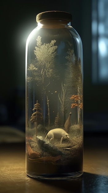 Una bottiglia con sopra un orso e una foresta sullo sfondo.