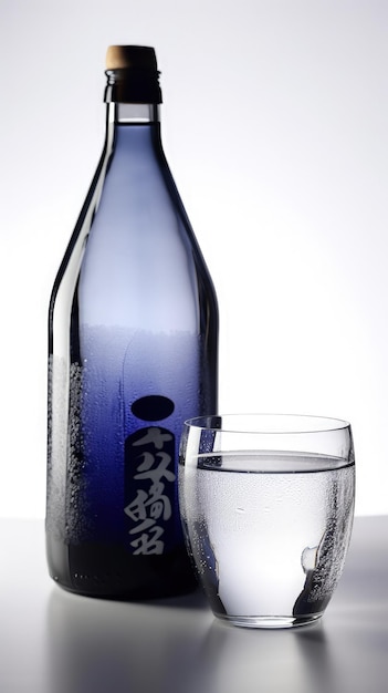 Una bottiglia d'acqua accanto a un bicchiere pieno d'acqua IA generativa