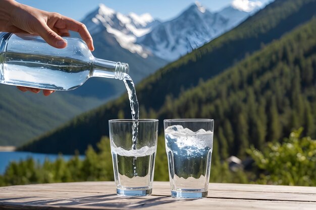 una bottiglia d'acqua che viene versata in un bicchiere