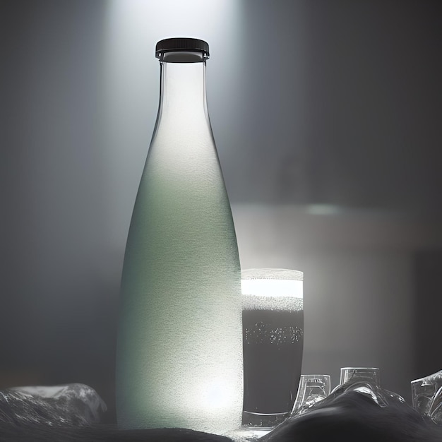 Una bottiglia d'acqua con accanto un bicchiere
