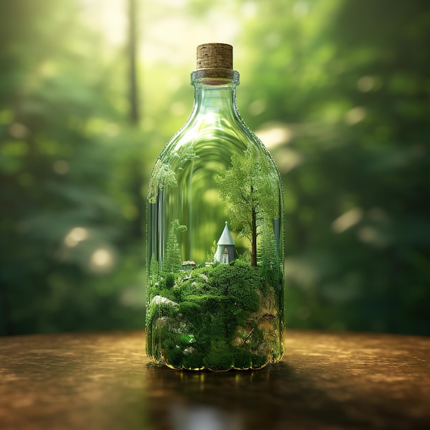 Una bottiglia d'acqua con all'interno una foresta di terra verde l'idea è quella di riciclare vecchie bottiglie di plastica