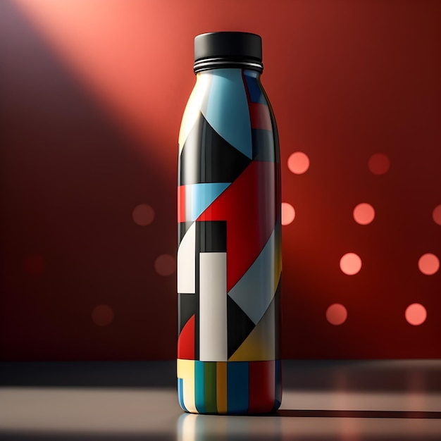 Una bottiglia d'acqua con un disegno geometrico sul davanti.