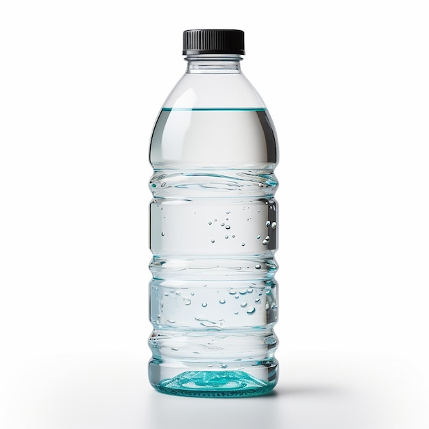 una bottiglia d'acqua di plastica su sfondo bianco