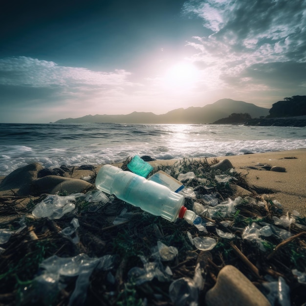 Una bottiglia d'acqua è adagiata su una spiaggia con il sole che tramonta dietro di essa.