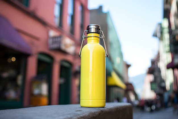 Una bottiglia d'acqua gialla su un ripiano con un'etichetta gialla che dice "thermos".