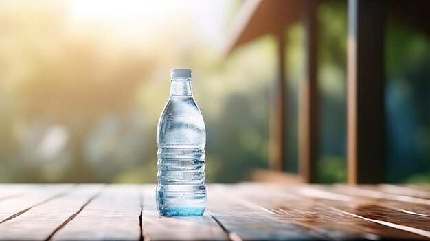 Una bottiglia d'acqua in piedi su un tavolo di legno con illuminazione naturale