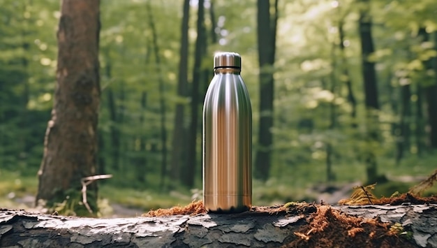 Una bottiglia d'acqua isolata in acciaio inossidabile si trova su un ceppo di albero in una foresta