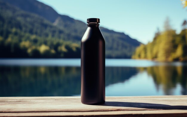 Una bottiglia d'acqua nera opaca poggia su un ponte di legno con un lago sereno