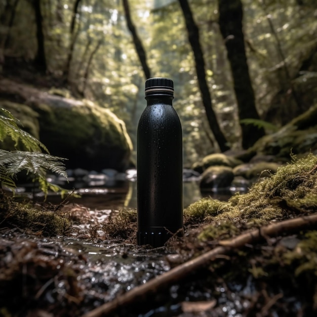 Una bottiglia d'acqua nera si trova in una foresta.