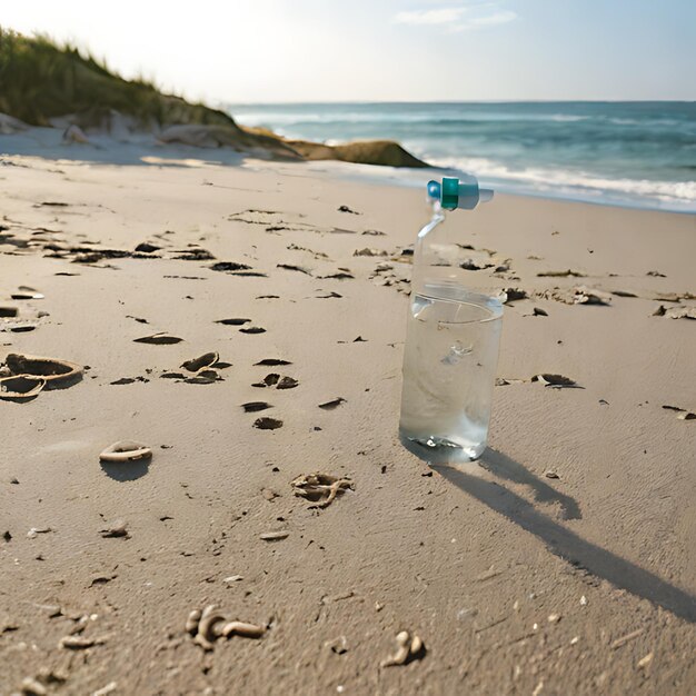 una bottiglia d'acqua si trova su una spiaggia con l'oceano sullo sfondo