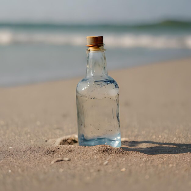 una bottiglia d'acqua si trova sulla spiaggia con l'oceano sullo sfondo