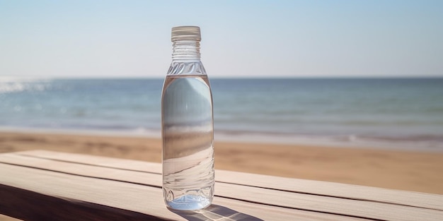 Una bottiglia d'acqua su un tavolo di legno con il mare sullo sfondo.