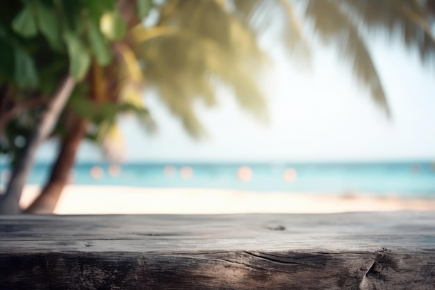 Una bottiglia d'acqua su un tavolo di legno con una spiaggia sullo sfondo