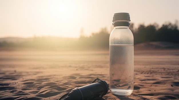 Una bottiglia d'acqua sulla spiaggia con il sole sullo sfondo