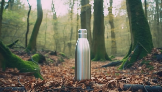 Una bottiglia di acciaio inossidabile nel bosco