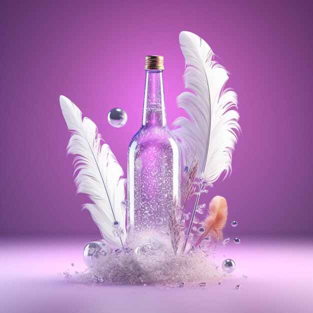 una bottiglia di acqua frizzante con uno sfondo viola con piume bianche.
