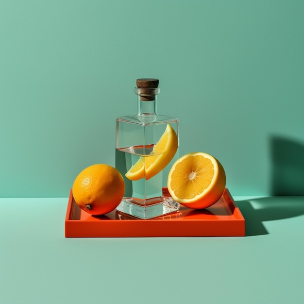 Una bottiglia di arance e una bottiglia di succo d'arancia sono su un vassoio.
