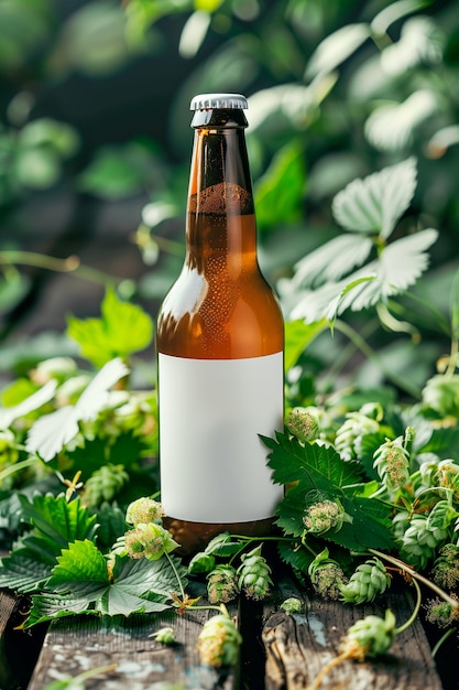 Una bottiglia di birra è seduta su un tavolo di legno con foglie verdi