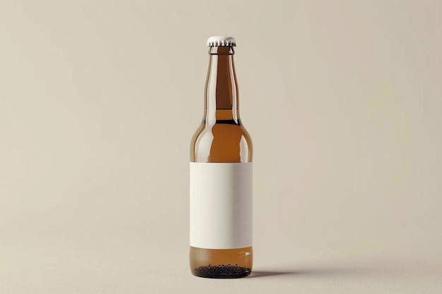 una bottiglia di birra marrone con un'etichetta bianca