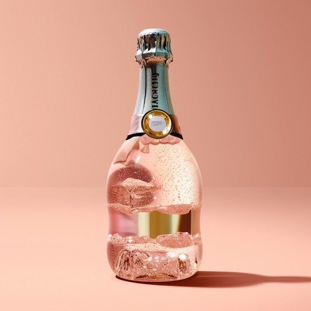 una bottiglia di champagne con sfondo rosa e tappo dorato.