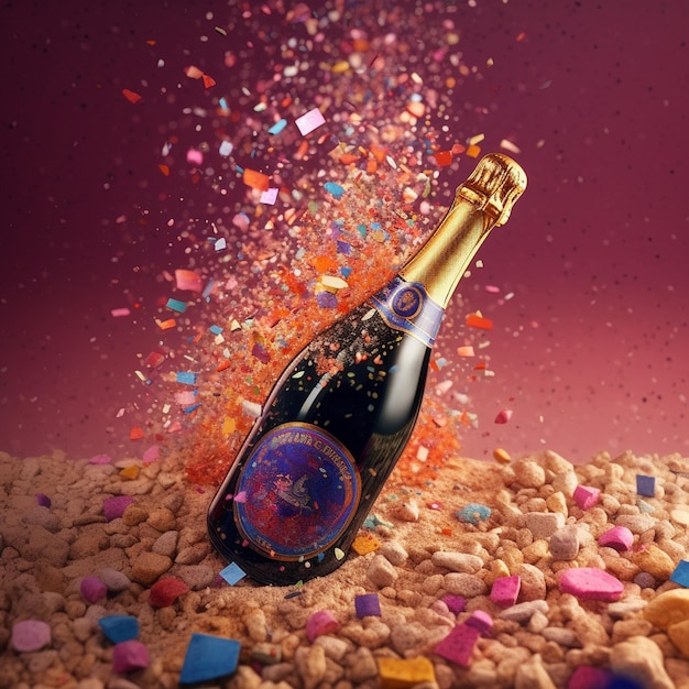 una bottiglia di champagne con un'etichetta rosa e viola