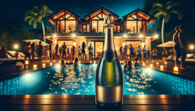 Una bottiglia di champagne rinfrescante e senza etichette o marchi visibili sullo sfondo