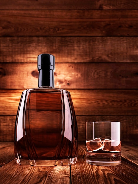 Una bottiglia di cognac con un bicchiere di ghiaccio su un tavolo di legno Rendering 3D di tavole di legno di sfondo