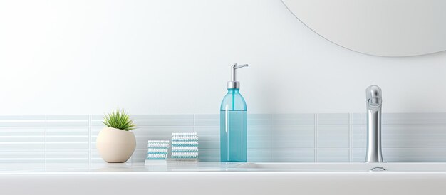 Una bottiglia di collutorio, spazzolini da denti e filo interdentale sono disposti ordinatamente su un piano di lavoro bianco