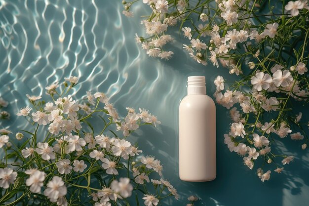 Una bottiglia di cosmetici vuota vicino ai fiori sulla superficie di un lago Generative Ai