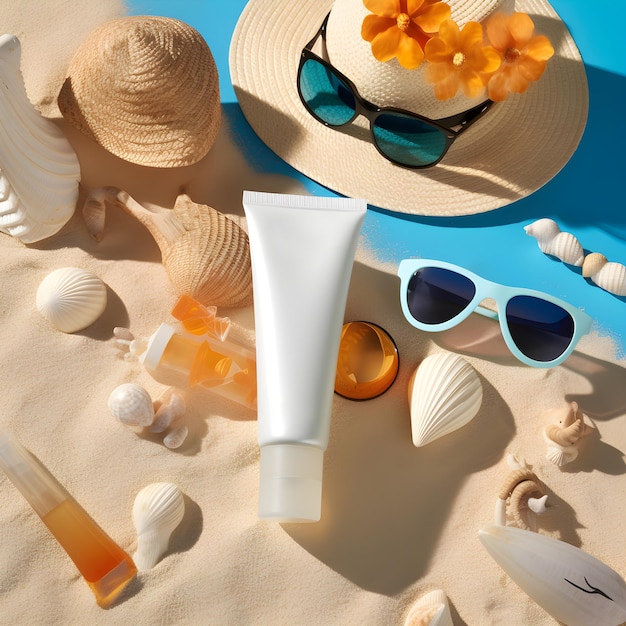 Una bottiglia di crema solare e occhiali da sole sono su una spiaggia.
