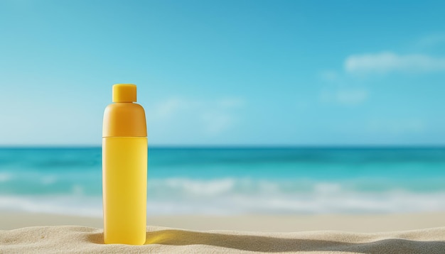 Una bottiglia di crema solare sulla spiaggia con l'oceano sullo sfondo