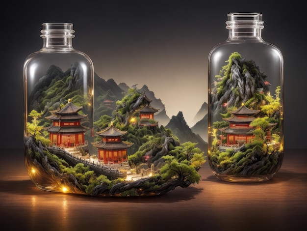 Una bottiglia di edifici cinesi si trova su un tavolo con una montagna sullo sfondo.