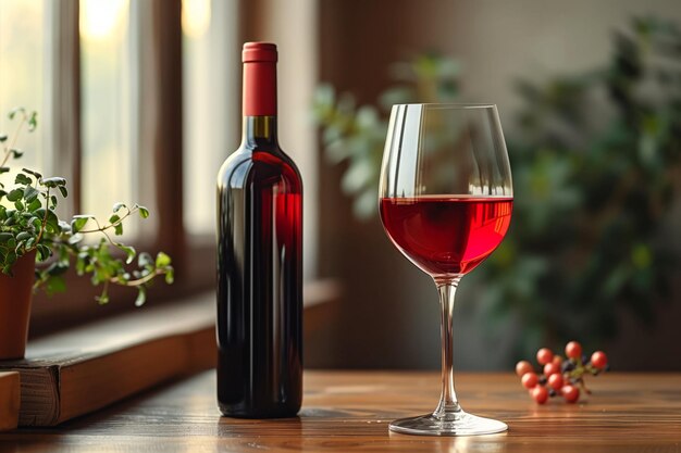 Una bottiglia di fine vino rosso che anticipa la versazione adornata con uve mature naturali