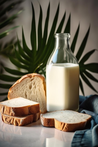 Una bottiglia di latte accanto a una bottiglia di latte.