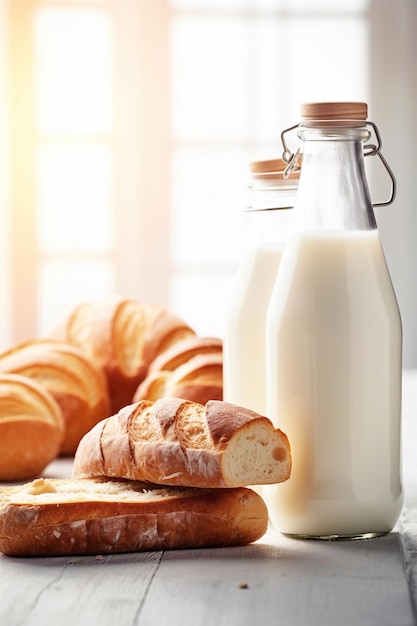 Una bottiglia di latte accanto a una bottiglia di latte.