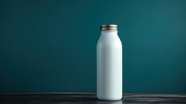 Una bottiglia di latte bianca si trova su un tavolo su uno sfondo verde acqua.