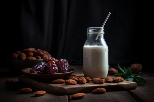 Una bottiglia di latte di mandorla con accanto una cannuccia e due datteri su un tavolo di legno