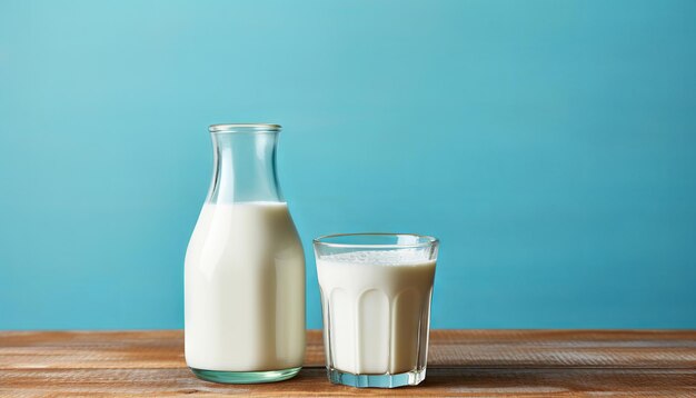 Una bottiglia di latte e di vetro su un tavolo di legno