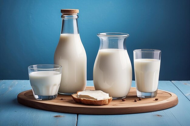 Una bottiglia di latte e un bicchiere di latte su un tavolo di legno su uno sfondo blu