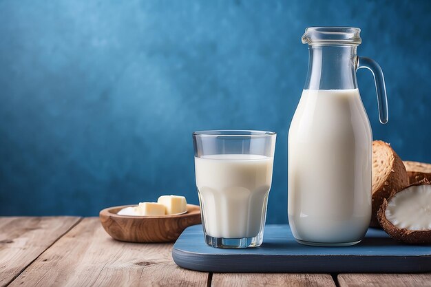 Una bottiglia di latte e un bicchiere di latte su un tavolo di legno su uno sfondo blu