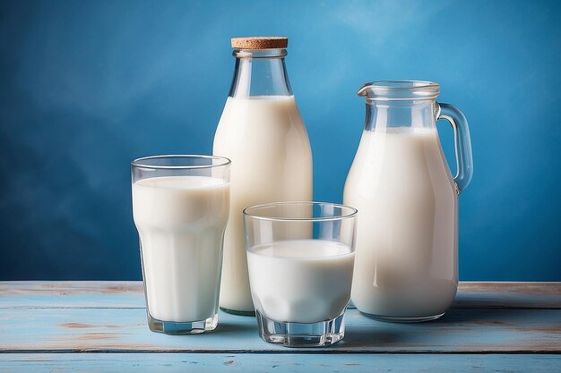 Una bottiglia di latte e un bicchiere di latte su un tavolo di legno su uno sfondo blu