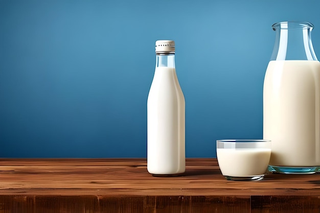 Una bottiglia di latte e un bicchiere di latte su un tavolo di legno su uno spazio di testo orizzontale su sfondo blu