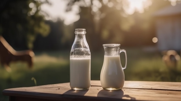 Una bottiglia di latte e una brocca su un tavolo di legno in natura IA generativa