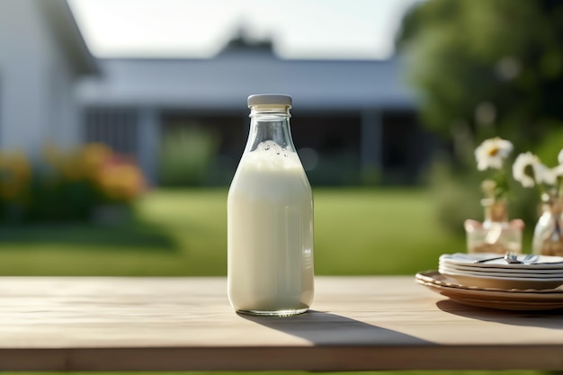 Una bottiglia di latte fresco di fattoria su un tavolo per la colazione