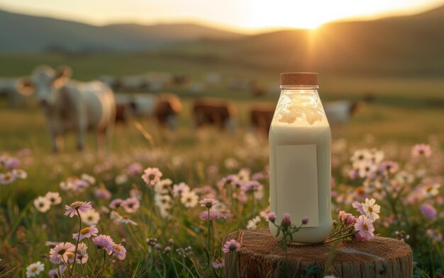 Una bottiglia di latte fresco su un tronco rustico tra mucche e fiori selvatici al tramonto