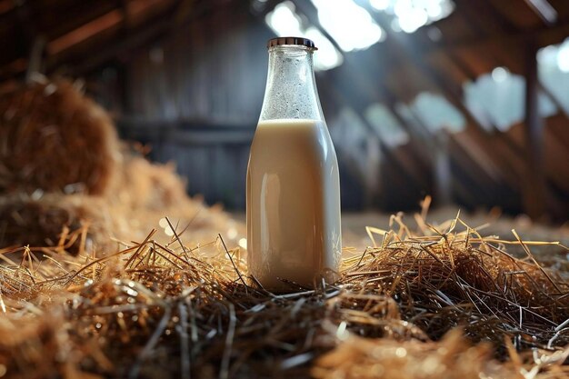 una bottiglia di latte seduta sopra un mucchio di fieno