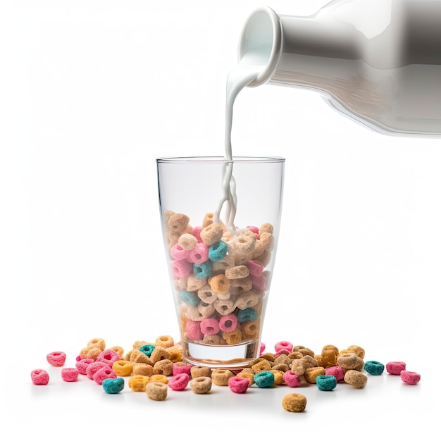 Una bottiglia di latte sta versando in un bicchiere di cereali.