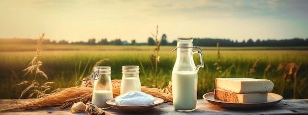 Una bottiglia di latte un bicchiere di latte e un piatto di formaggio su un tavolo davanti a un campo di mucche IA generativa