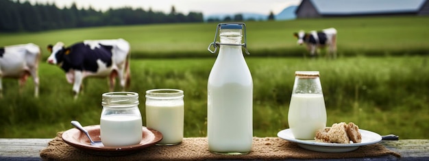 Una bottiglia di latte un bicchiere di latte e un piatto di formaggio su un tavolo davanti a un campo di mucche IA generativa