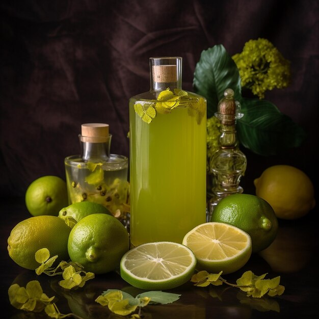 una bottiglia di limonata si siede su un tavolo con lime e limoni